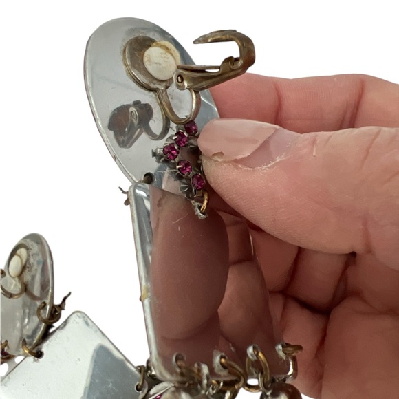 Vintage Earrings clip 70s multicolor gems statement articulating charms dangling - Picture 5 of 10